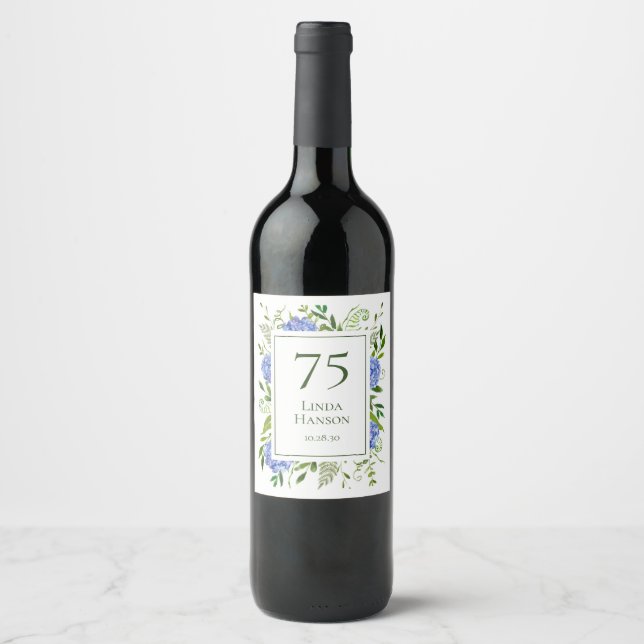 75th Birthday Blue Hydrangeas Wine Label (Front)