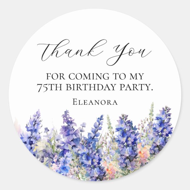 75th Birthday Blue July Birth Flower Custom Flat Classic Round Sticker (Front)