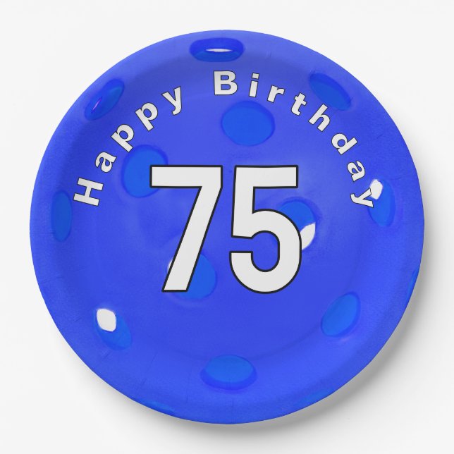 75th Birthday Blue Pickleball Paper Plate (Front)