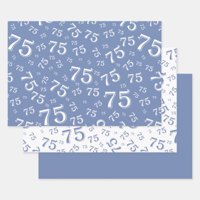 75th Birthday Blue & White Number Pattern 75 Wrapping Paper Sheet (Set)