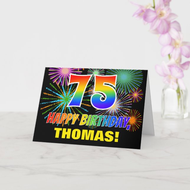 75th Birthday: Bold, Fun, Fireworks, Rainbow 75 Card (Orchid)