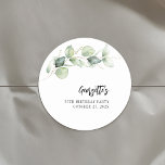 75th Birthday Botanical Eucalyptus Greenery Classic Round Sticker<br><div class="desc">Cute and modern, yet elegant 75th birthday party sticker. Featuring a trendy layout and watercolor floral and greenery eucalyptus foliage. Perfect for any age birthday party. The template that can be easily edited and the text replaced with your own details by clicking the "Personalise" button. For further customisation, please click...</div>