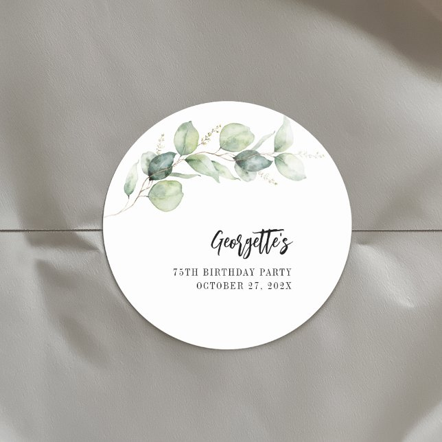 75th Birthday Botanical Eucalyptus Greenery Classic Round Sticker (Eucalyptus Greenery Watercolor 75th Birthday Classic Round Sticker)