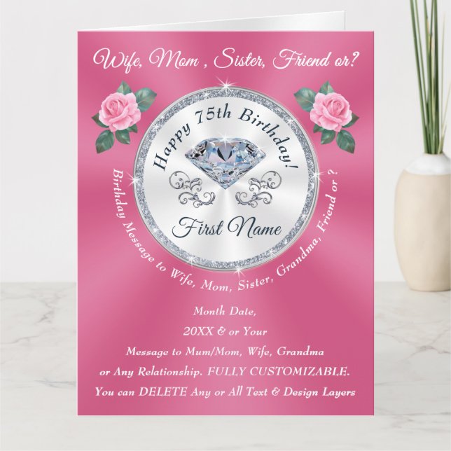 75th Birthday Cards for Her, Mum, Wife, Sister, or (Front)