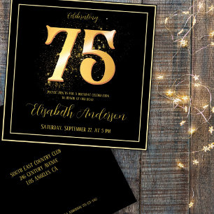75th Birthday Celebrating Gold Black Invitation