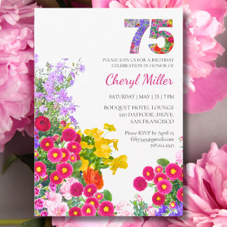 75th Birthday Colourful Floral 75 Garden Party Invitation