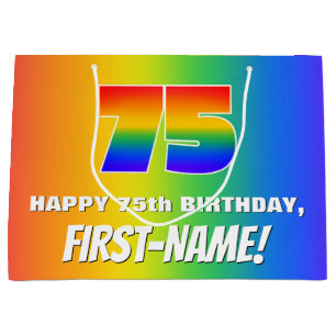 75th Birthday: Colourful, Fun Rainbow Pattern # 75 Large Gift Bag