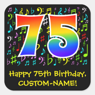 75th Birthday: Colourful Music Symbols, Rainbow 75 Square Sticker