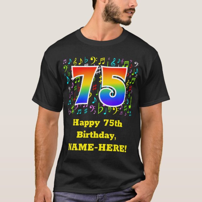 75th Birthday: Colourful Music Symbols, Rainbow 75 T-Shirt (Front)