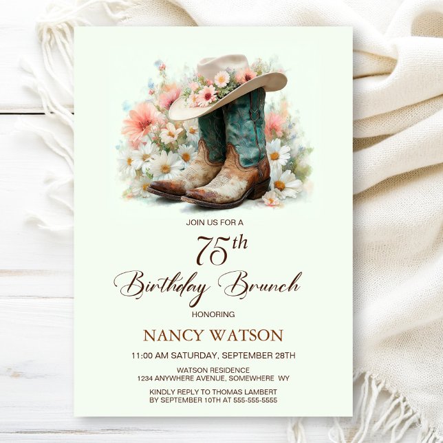 75th Birthday Cowgirl Boots Birthday Brunch Invitation (Creator Uploaded)