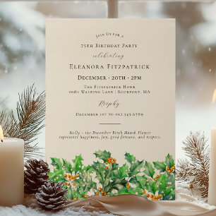 75th Birthday December Birth Month Flower Holly Invitation