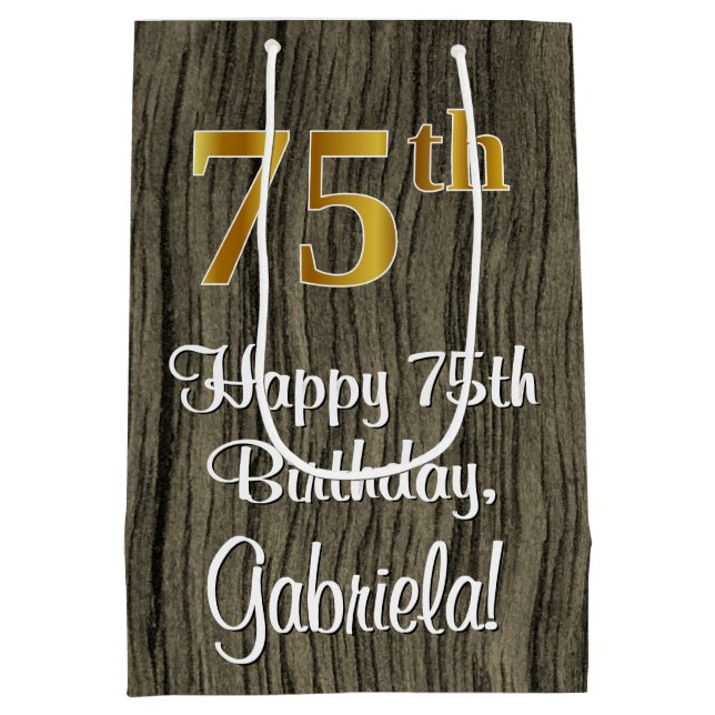 75th Birthday: Elegant Faux Gold Look #, Faux Wood Medium Gift Bag (Back)