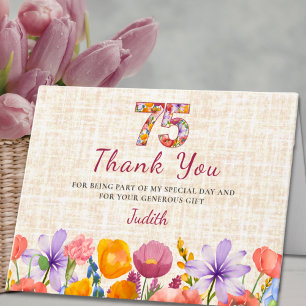 75th Birthday - Elegant Floral Number 75 Years  Thank You Card