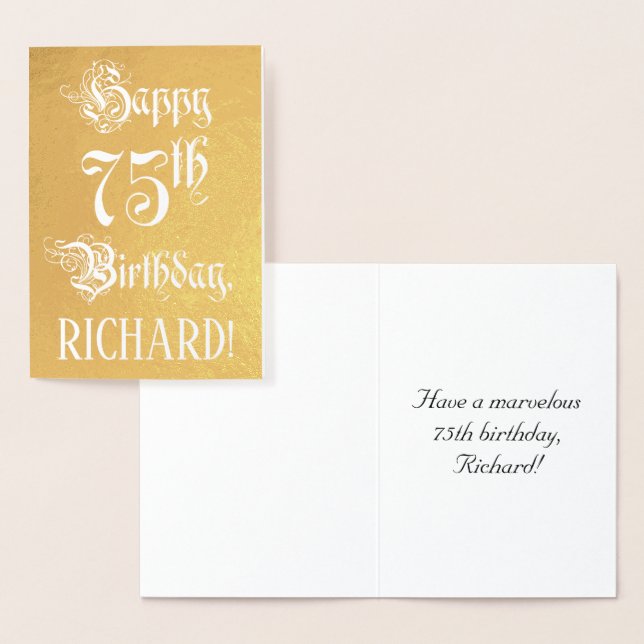 75th Birthday: Elegant, Ornate Script; Custom Name Foil Card (Display)