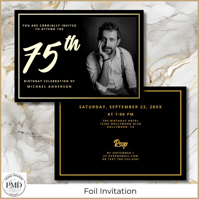 75th Birthday Elegant Photo Black Gold (75th Birthday Black and Gold Photo Invitation with Gold Foil, Party Details on the Back.)