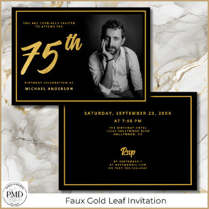 75th Birthday Elegant Photo Black Gold Invitation