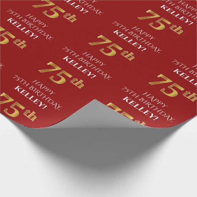 75th Birthday: Elegant, Red, Faux Gold Look Wrapping Paper (Corner)