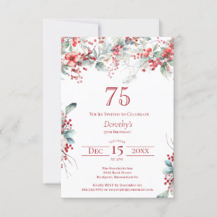 75th Birthday Elegant Winter Berry Botanical Invitation
