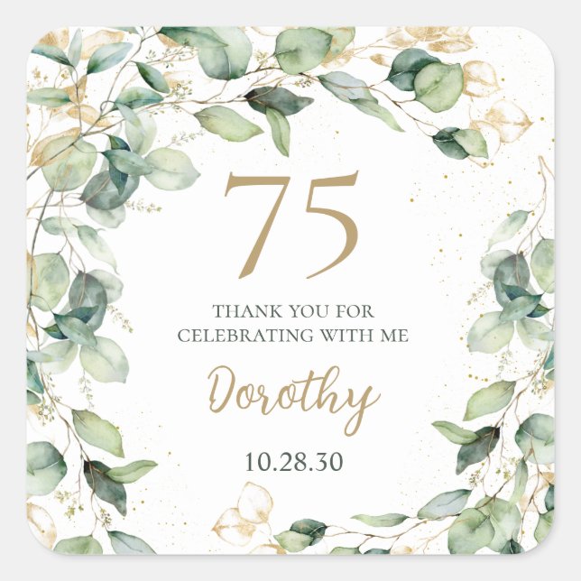 75th Birthday Eucalyptus Thank You Square Sticker (Front)