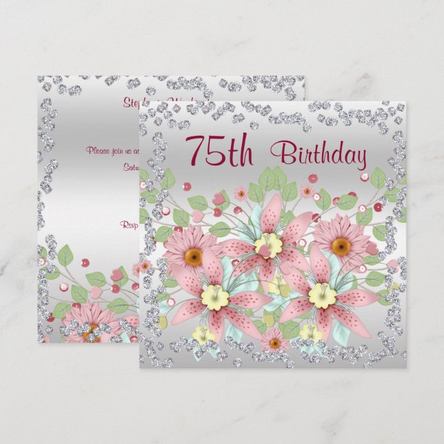 75th Birthday Floral Display & Diamonds Invitation (Front/Back)