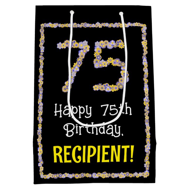 75th Birthday: Floral Flowers Number, Custom Name Medium Gift Bag (Back)