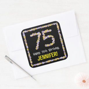 75th Birthday: Floral Flowers Number, Custom Name Square Sticker