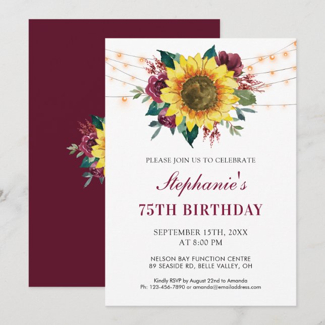 75th Birthday Floral Sunflower String Lights Party Invitation (Front/Back)