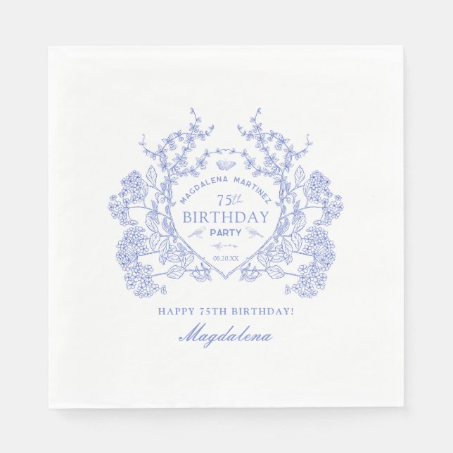 75th Birthday French Blue Floral Crest Custom Napkin (Front)