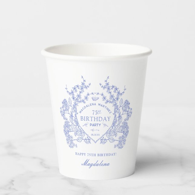 75th Birthday French Blue Floral Crest Custom Paper Cups (Front)