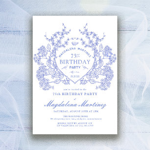 75th Birthday French Vintage Blue Floral Crest Invitation