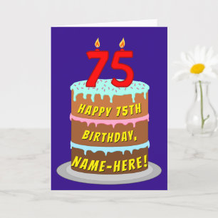 75th Birthday: Fun Cake and Candles + Custom Name Card