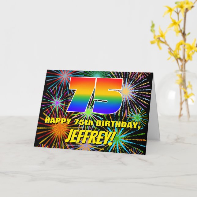 75th Birthday: Fun, Colourful Celebratory Firework Card (Yellow Flower)