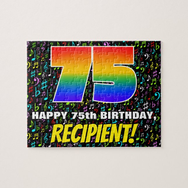 75th Birthday — Fun, Colourful Music Symbols & “75 Jigsaw Puzzle (Horizontal)