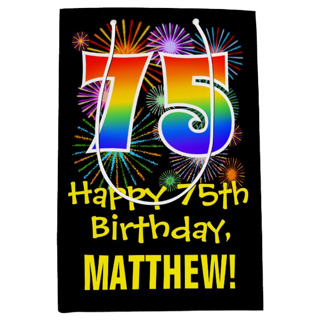 75th Birthday: Fun Fireworks Pattern + Rainbow 75 Medium Gift Bag (Front)