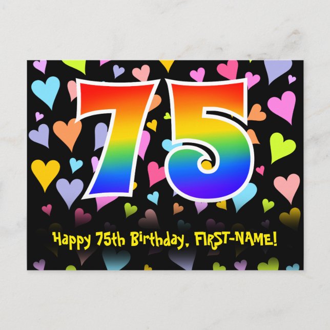 75th Birthday: Fun Hearts Pattern, Rainbow 75 Postcard (Front)