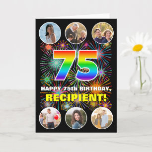 75th Birthday: Fun Rainbow #, Custom Name & Photos Card