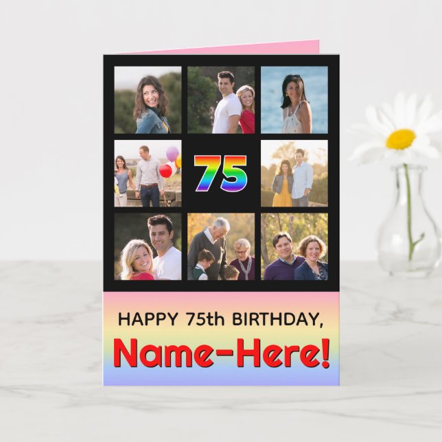 75th Birthday: Fun Rainbow #, Custom Photos + Name Card (Small Plant)