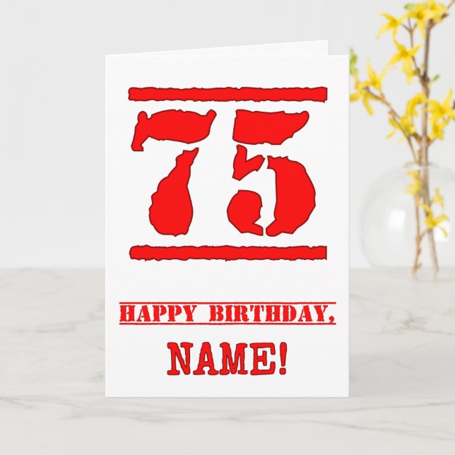 75th Birthday: Fun, Red Rubber Stamp Inspired Look Card (Yellow Flower)