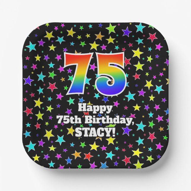 75th Birthday: Fun Stars Pattern and Rainbow “75” Paper Plate (Front)