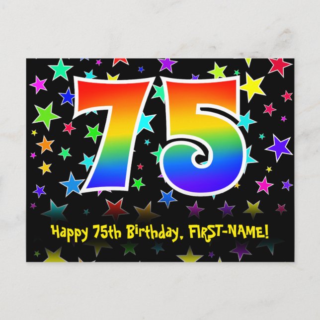 75th Birthday: Fun Stars Pattern, Rainbow 75, Name Postcard (Front)