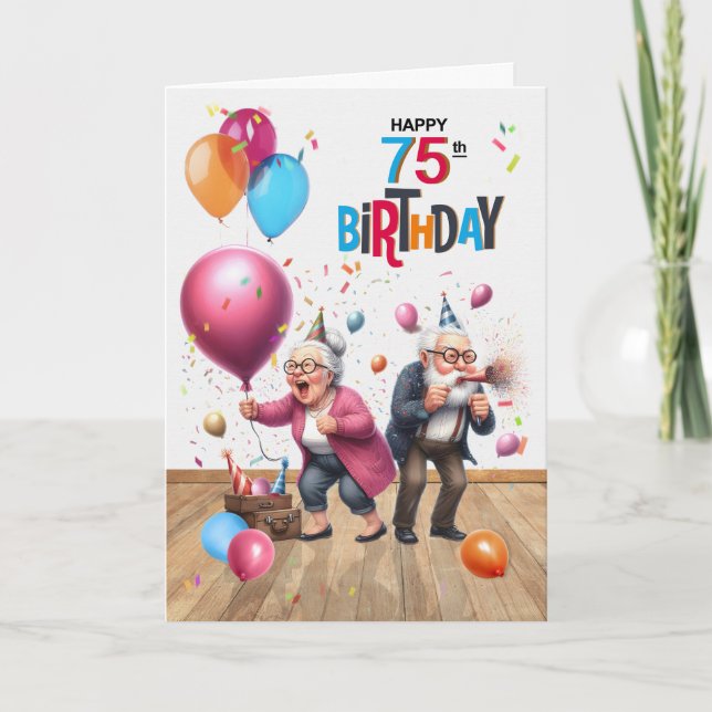 75th Birthday Funny Old Man and Woman Balloons Card (Front)