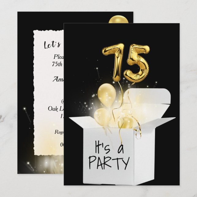 75th Birthday Gold Balloons In White Box  Invitation (Front/Back)