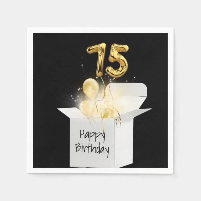 75th Birthday Gold Balloons In White Box  Napkin (Front)