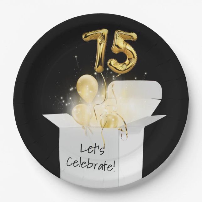 75th Birthday Gold Balloons In White Box   Paper Plate (Front)