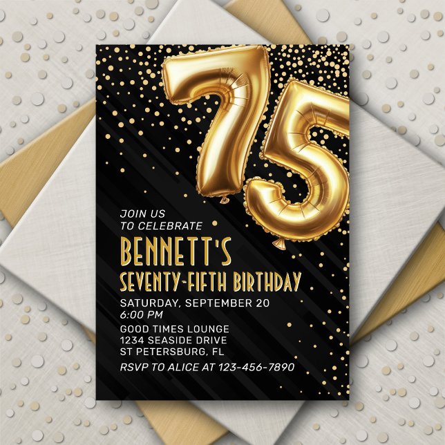 75th Birthday Gold Black Invitation (Creator Uploaded)