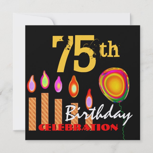 75th Birthday Gold Candles and Balloon Metallic Invitation (Front)