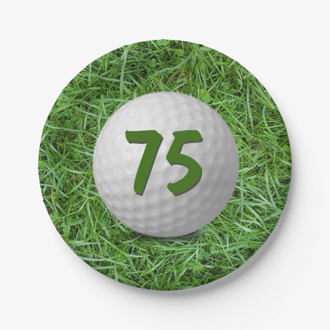 75th Birthday Golf Ball on Grass  Paper Plate (Front)