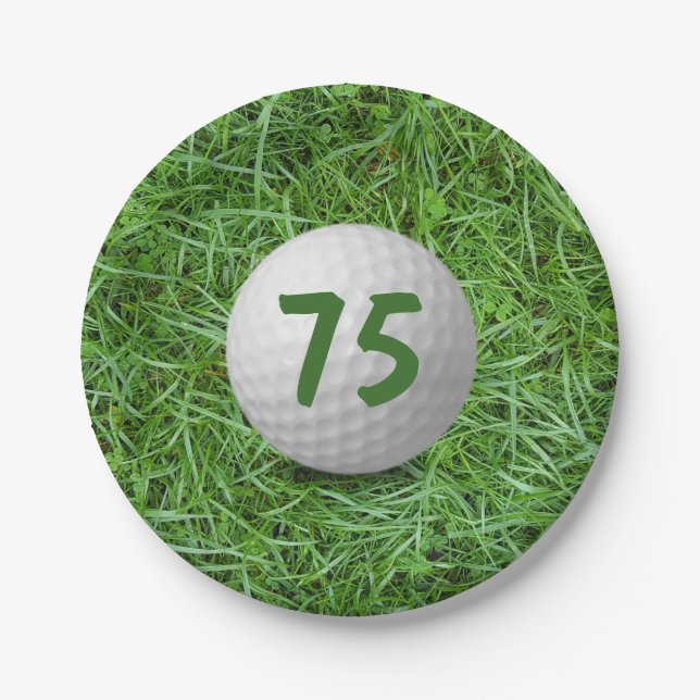 75th Birthday Golf Ball on Grass Paper Plate (Front)
