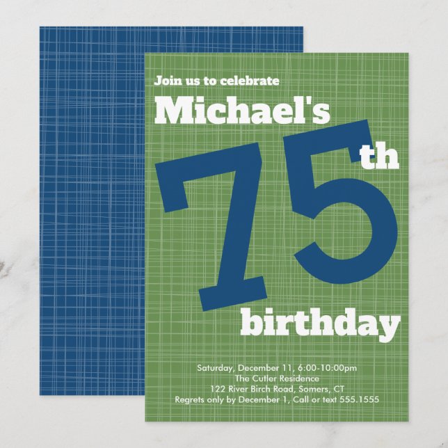 75th Birthday Invitation Blue with Green Accent, (Front/Back)