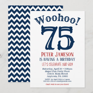 75th Birthday Invitation Mens Navy Blue